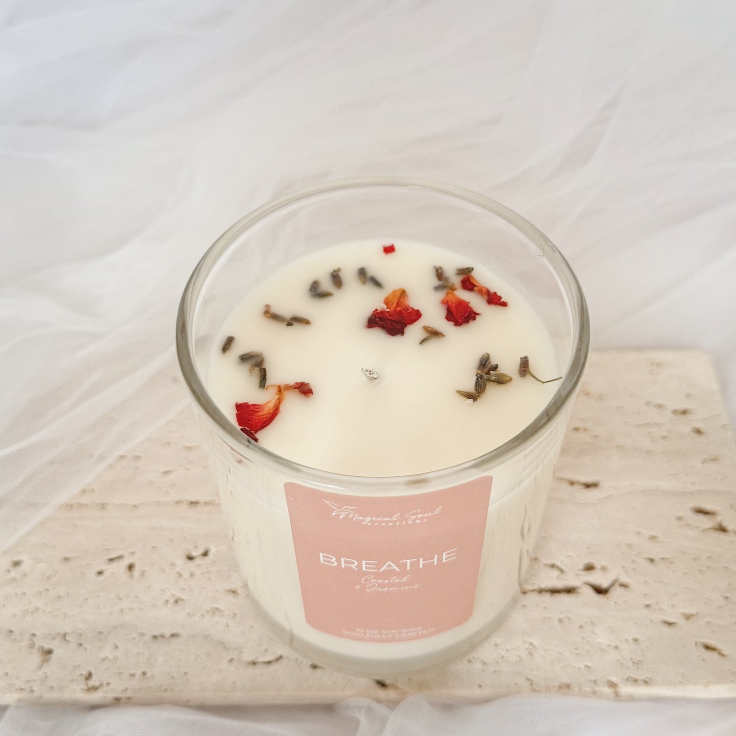 breathe soy candle for relaxation and stress relief with jasmine and florals