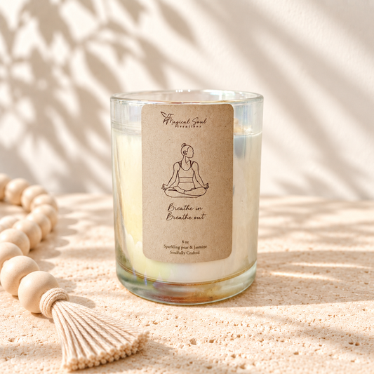 Breathe In Breathe Out yoga candle with red jasper and jasmine