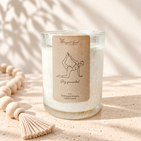 Stay Grounded yoga candle with clear quartz and dried rose