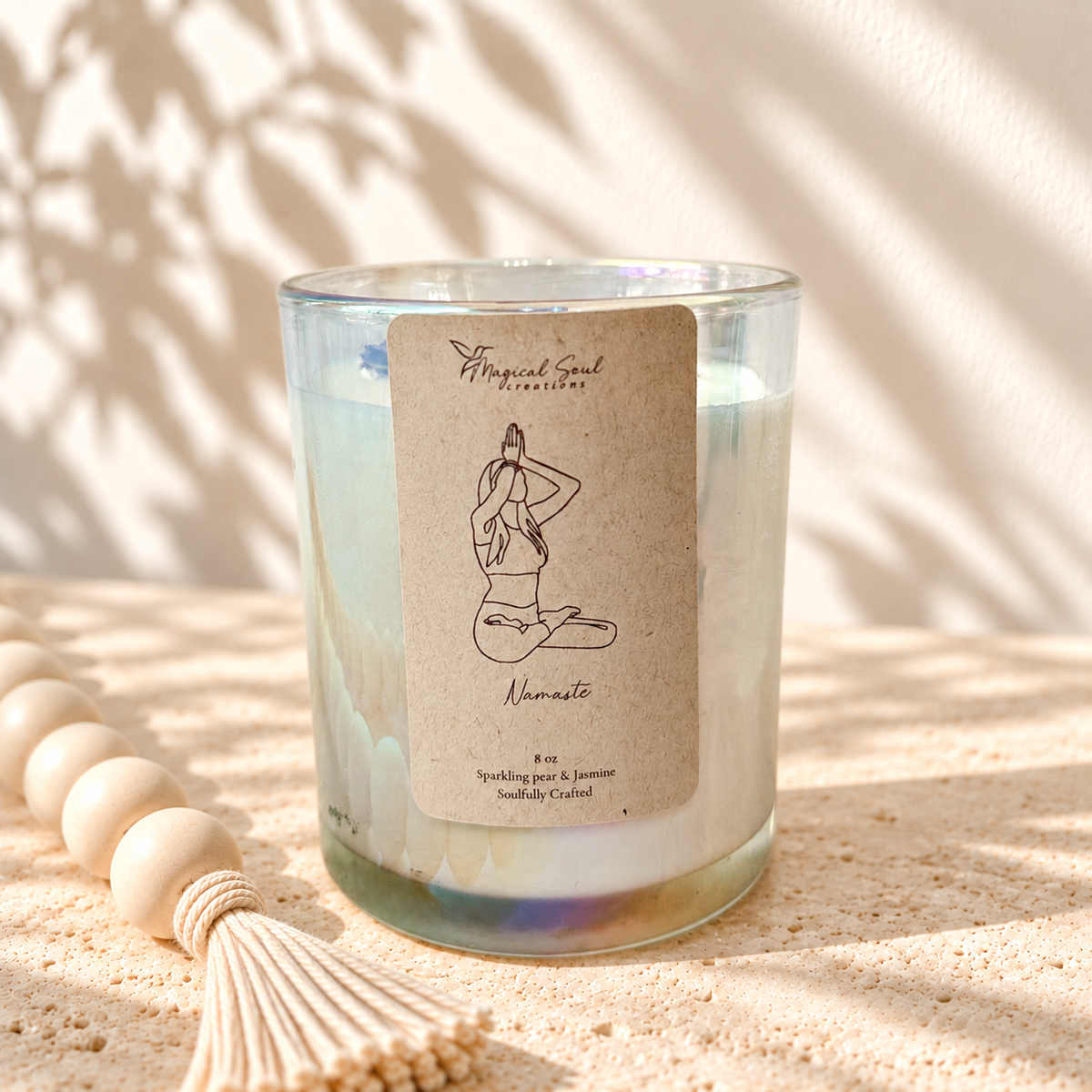 Namaste yoga candle with clear quartz and forget me not petals