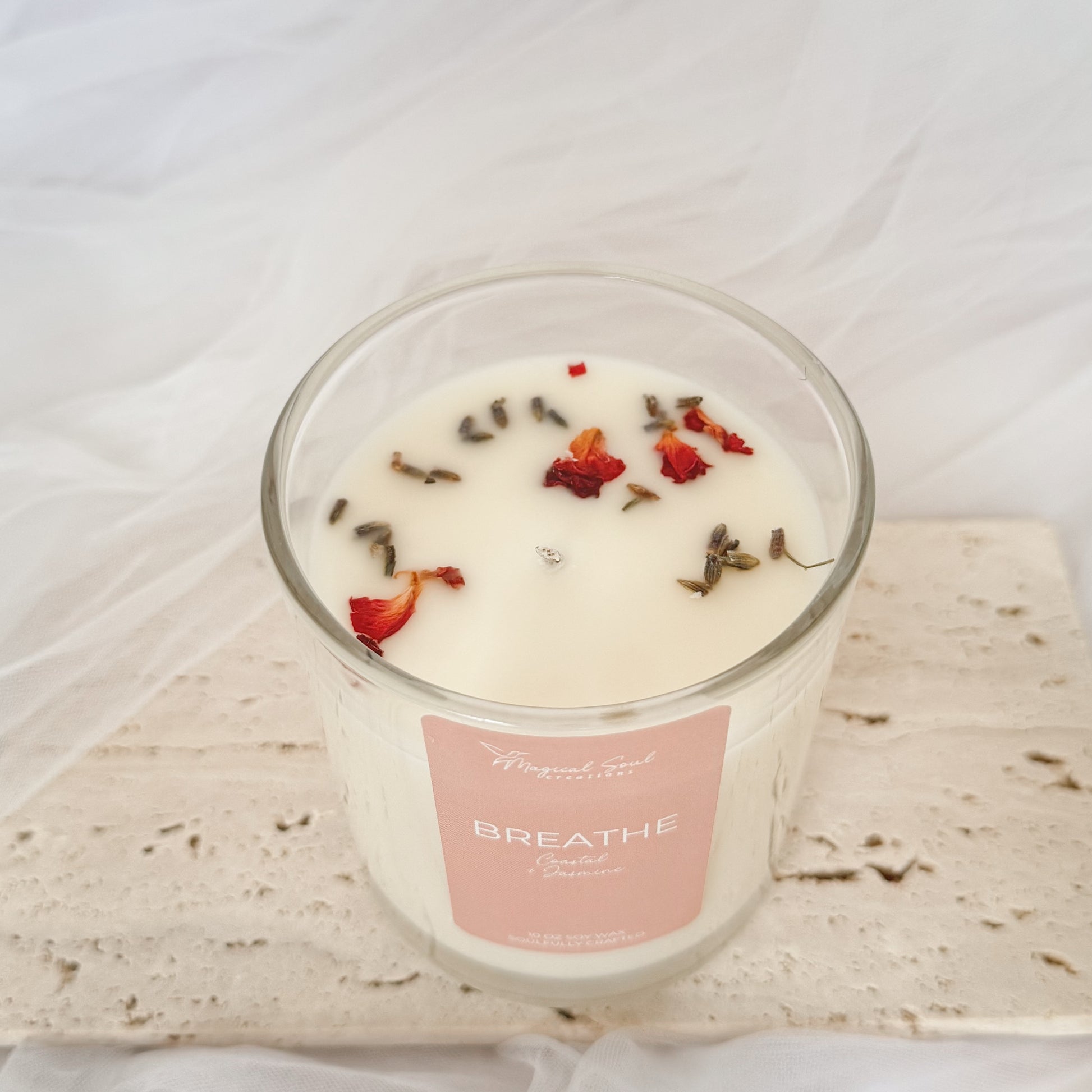 breathe soy candle for relaxation and stress relief with jasmine and florals