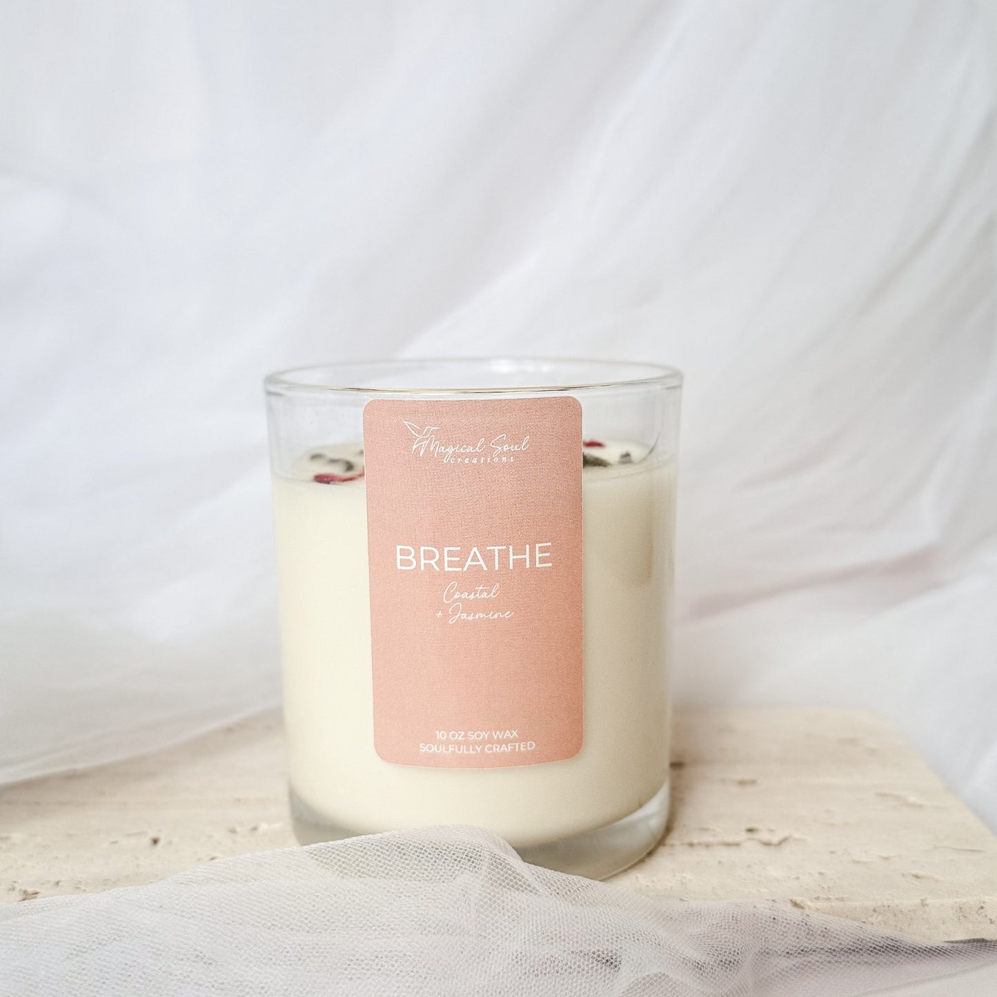 breathe soy candle for relaxation and stress relief with jasmine and florals