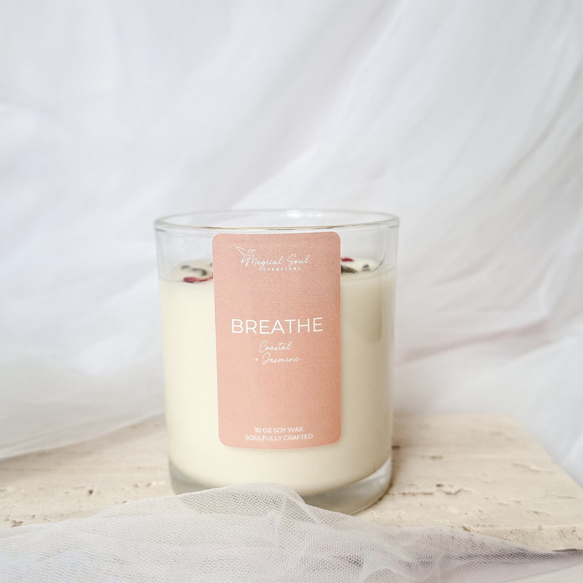 breathe soy candle for relaxation and stress relief with jasmine and florals