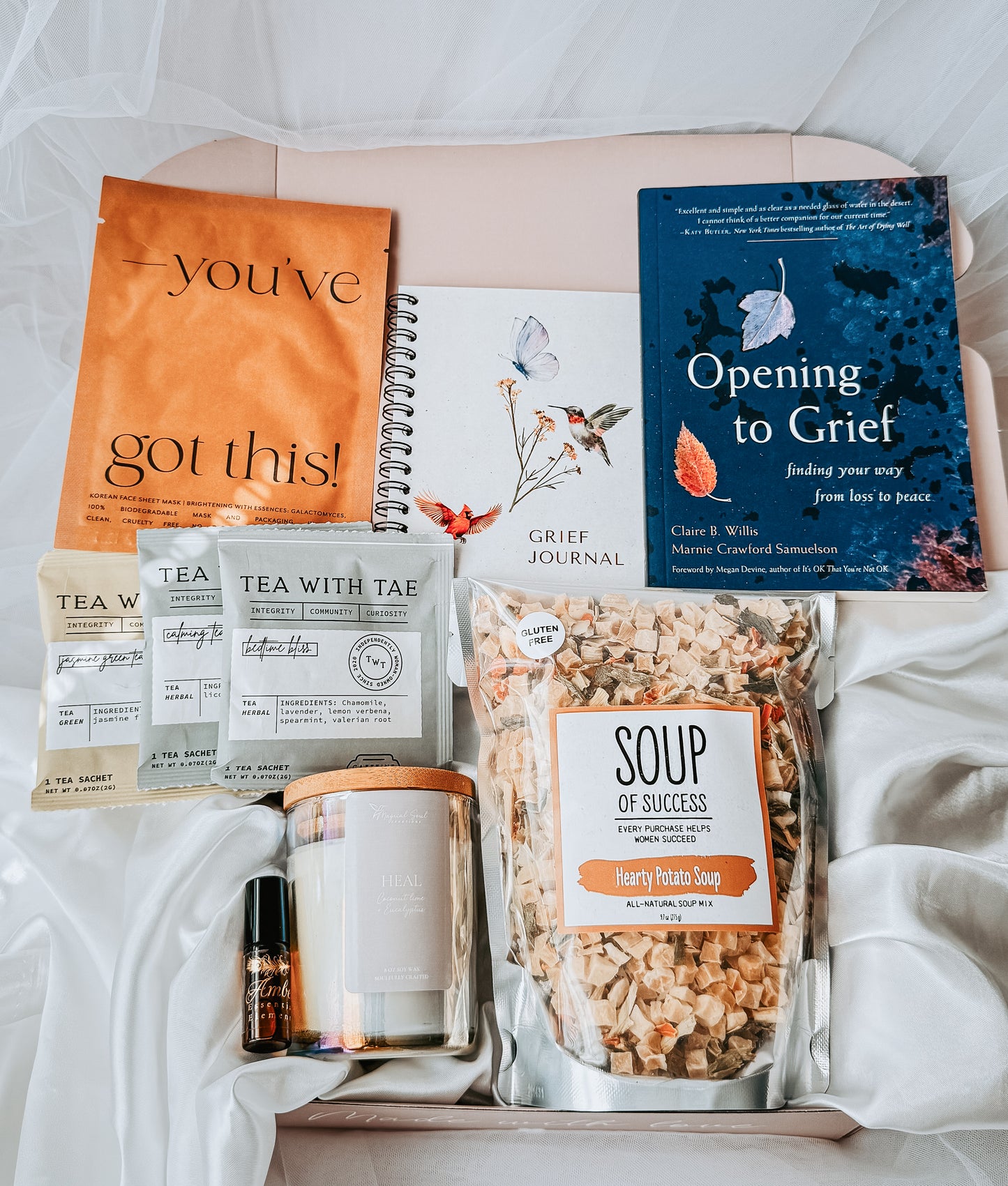 grief gift box for sympathy with candle tea and self care items