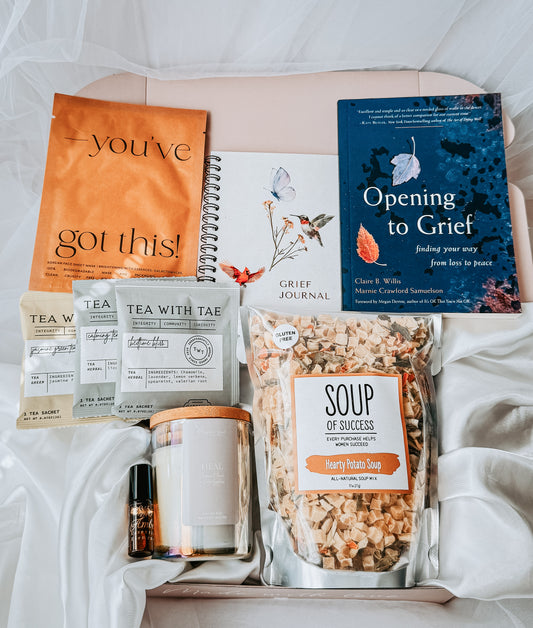grief gift box for sympathy with candle tea and self care items