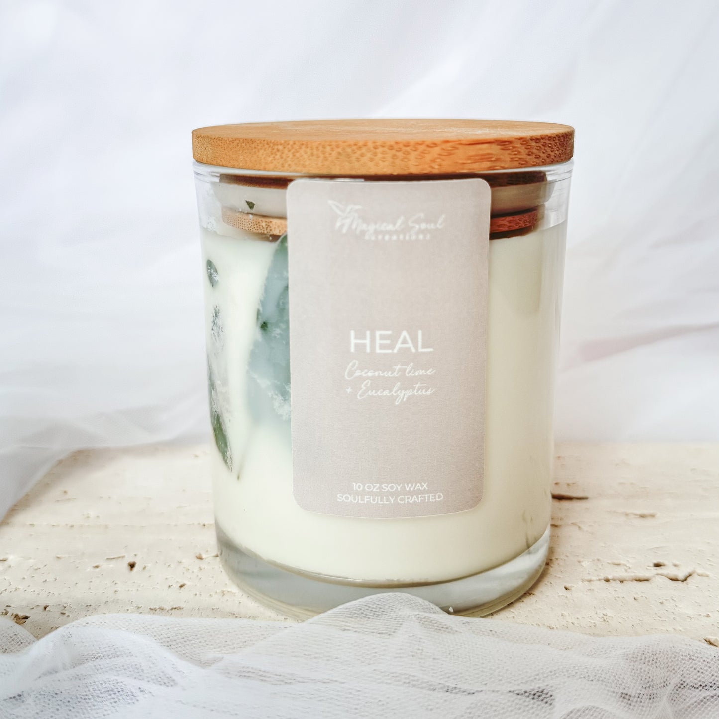 heal soy candle for emotional healing and comfort with eucalyptus and soft florals