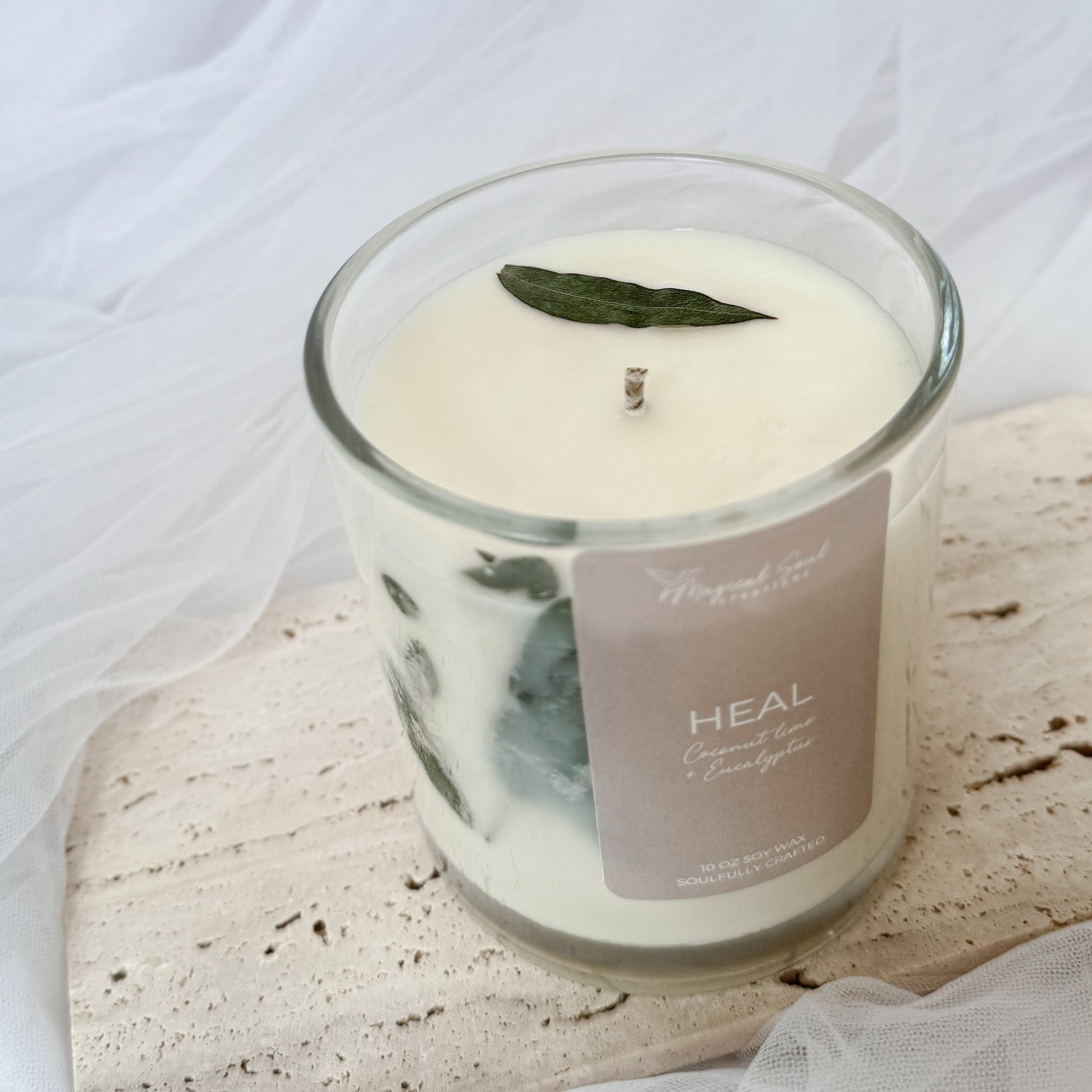 heal soy candle for emotional healing and comfort with eucalyptus and soft florals
