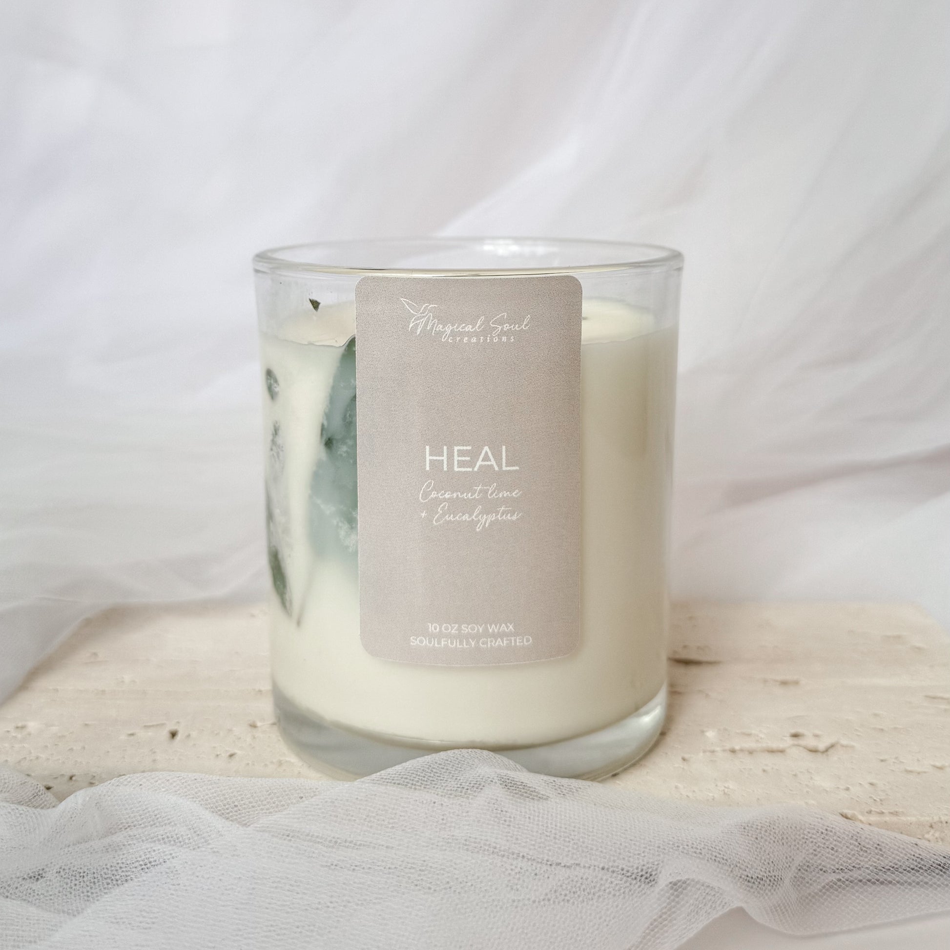 heal soy candle for emotional healing and comfort with eucalyptus and soft florals