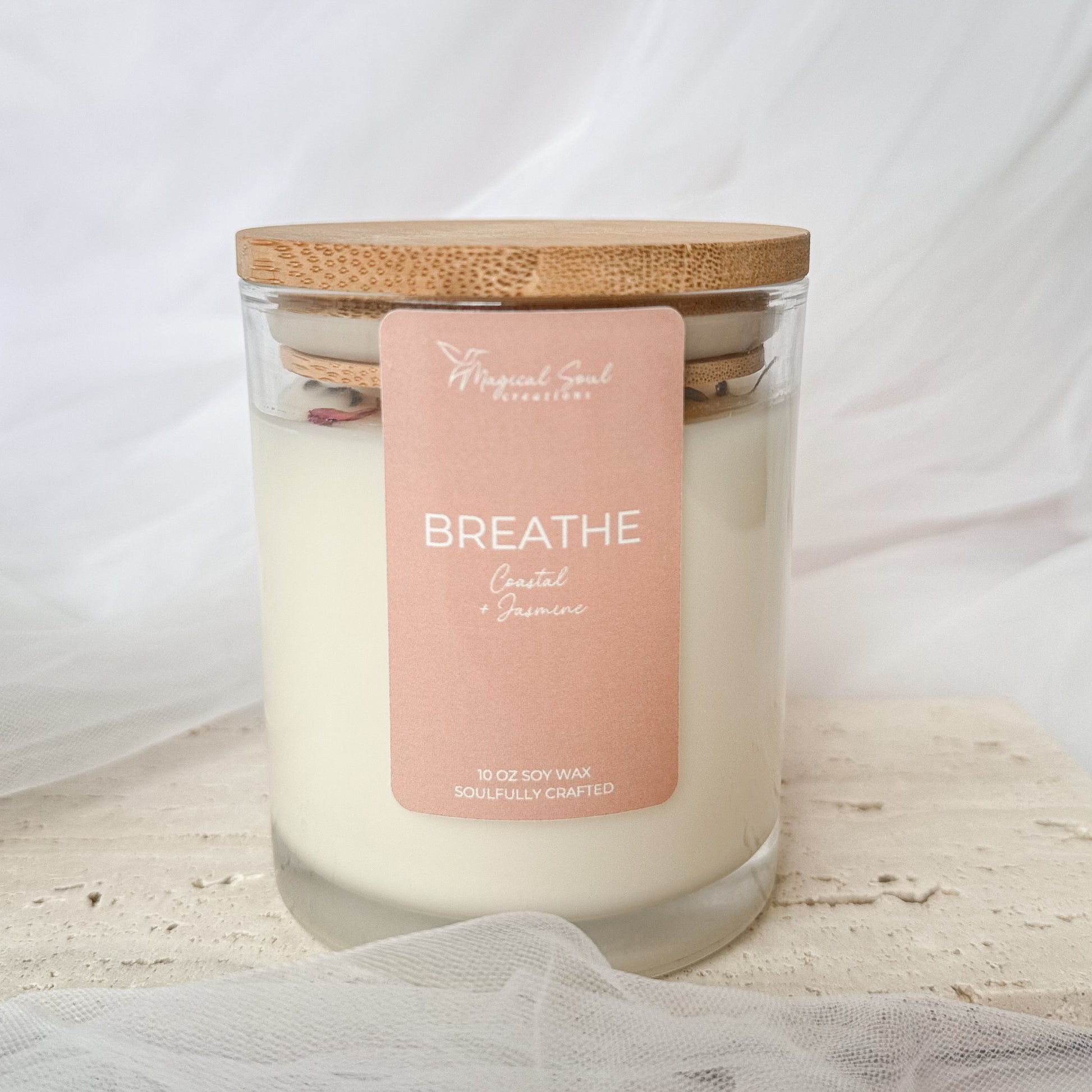 breathe soy candle for relaxation and stress relief with jasmine and florals