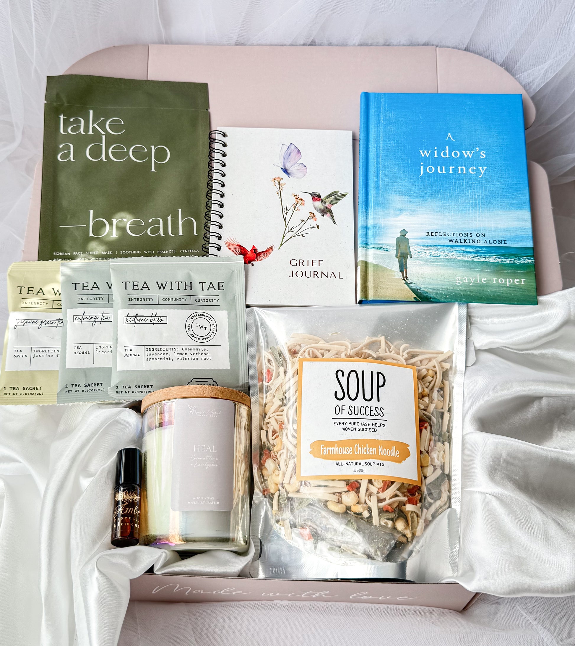 widow grief gift box with candle tea and self care items