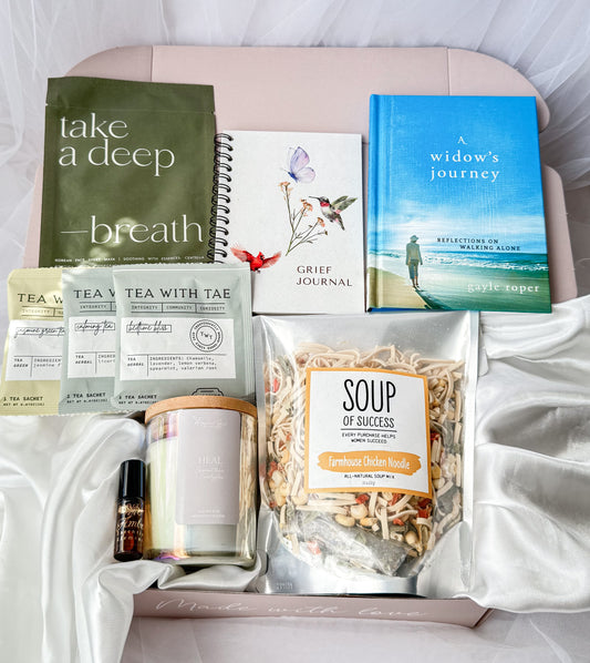 widow grief gift box with candle tea and self care items